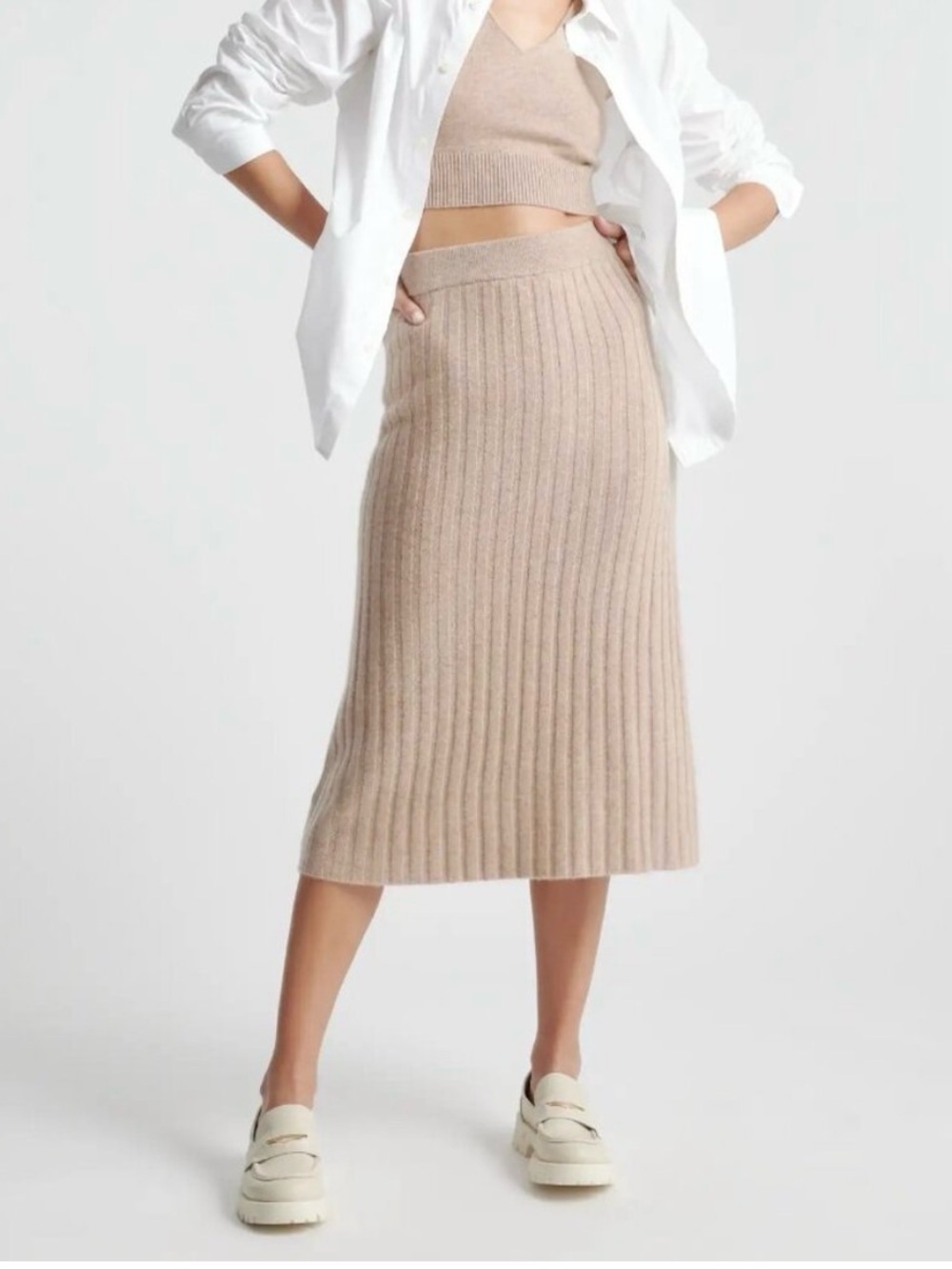 NWT Quince Mongolian Cashmere Midi Skirt  Heather Oat Size Large